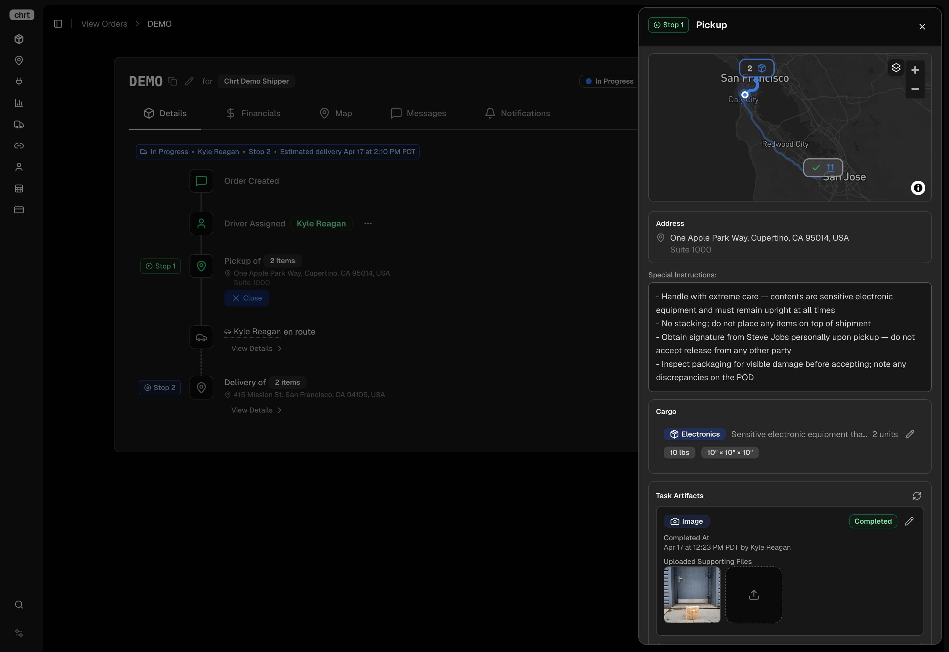Order details with expanded proof of delivery artifacts