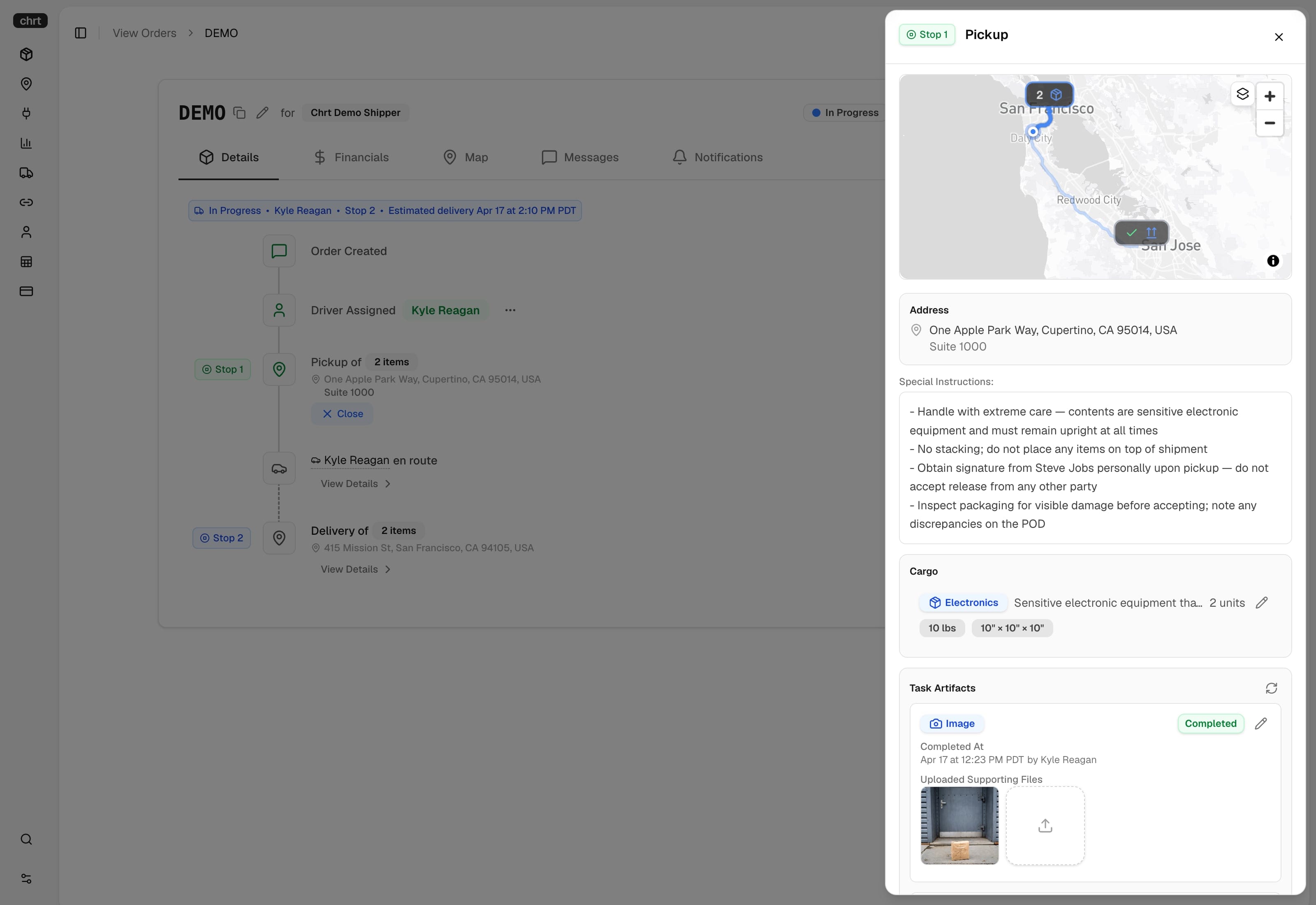Order details with expanded proof of delivery artifacts