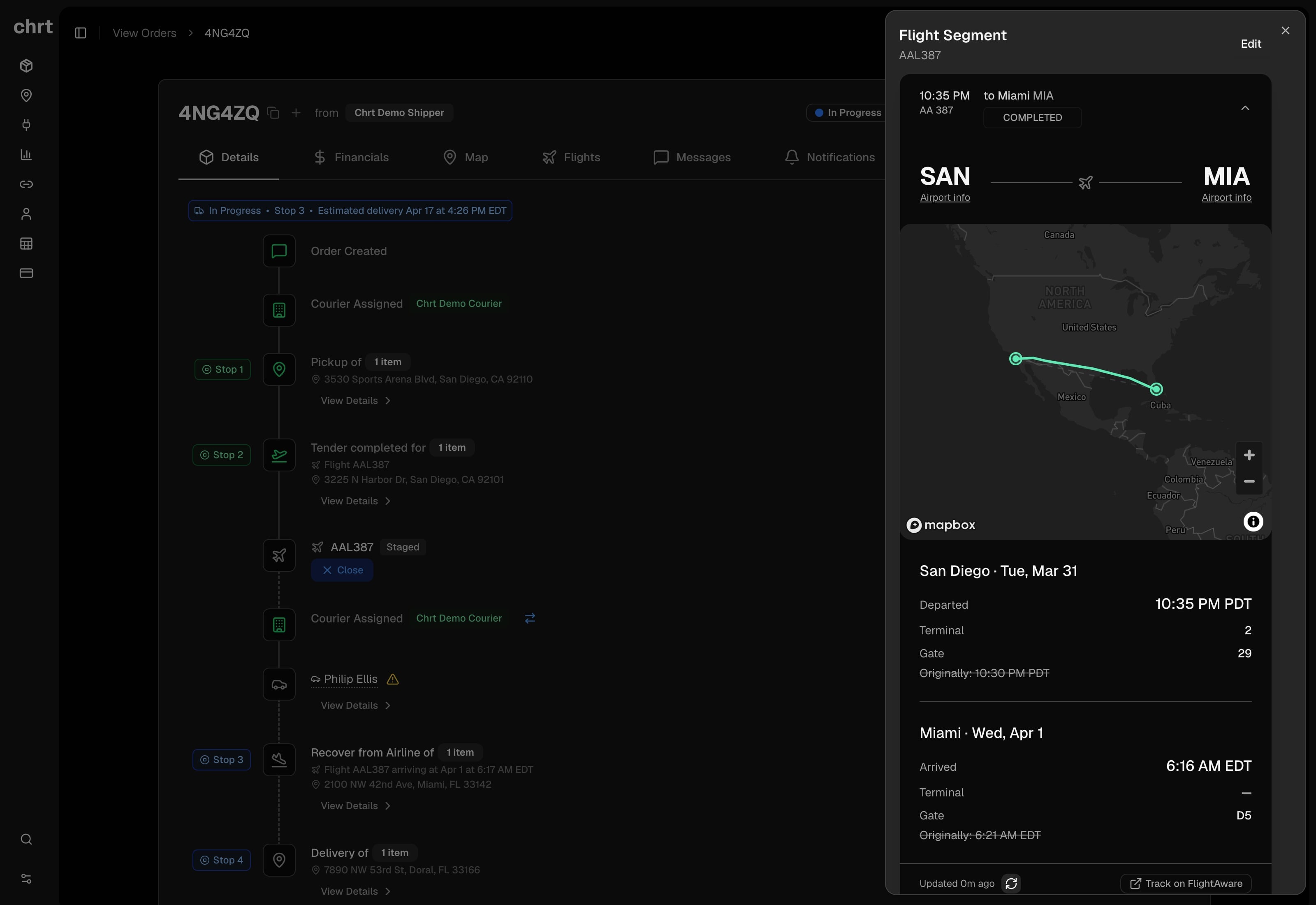 chrt platform dashboard showing order creation interface with map, pickup and delivery details in dark mode