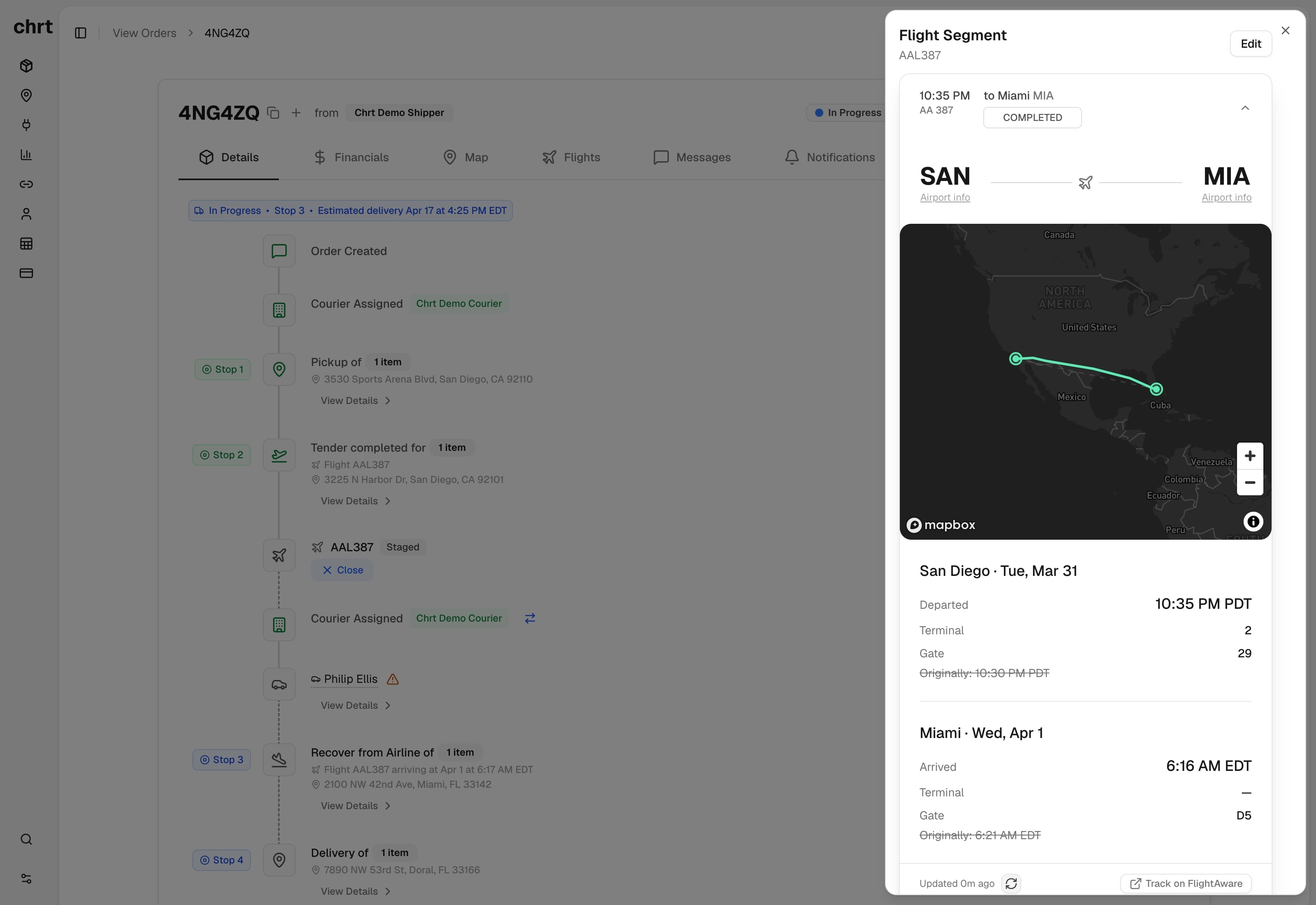 chrt platform dashboard showing order creation interface with map, pickup and delivery details